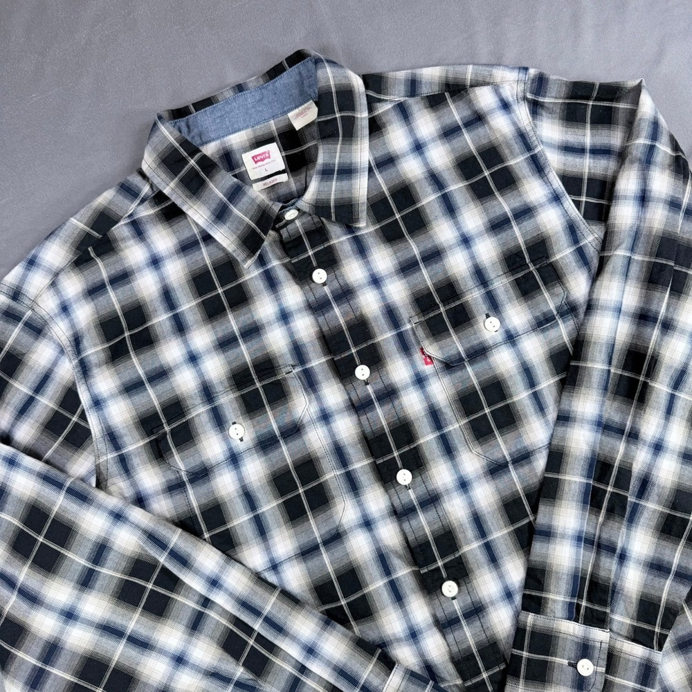 Levis Mens L Black Blue Plaid Cotton The Worker Relaxed Fit Button Up Shirt NWT